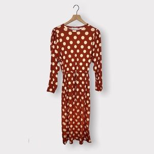 Zara Polka Dot Long Sleeve Tie Waist Midi Dress